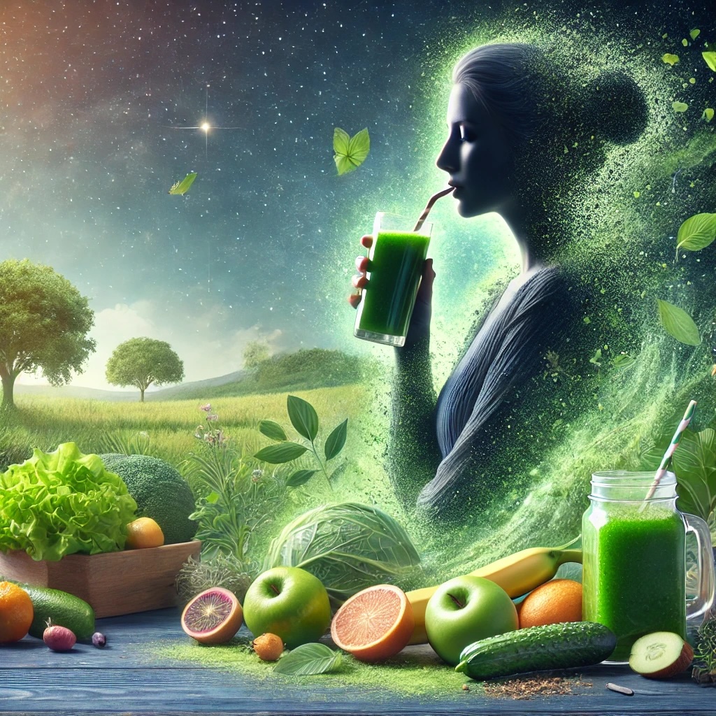 A person drinking a green detox smoothie, surrounded by fresh fruits, vegetables, and herbs. In the background, dark toxin-like particles fade away, symbolizing cleansing.