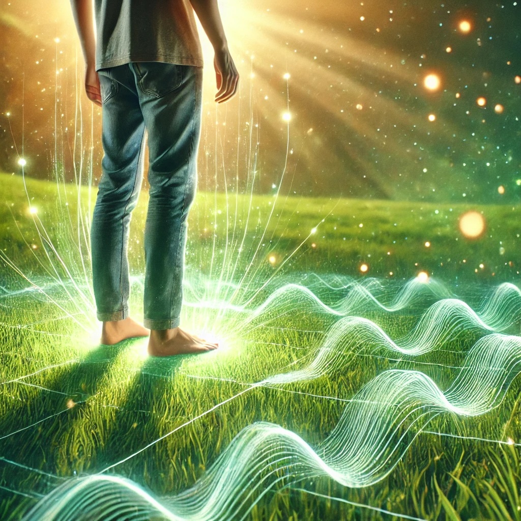 A person standing barefoot on lush green grass with glowing energy lines connecting their feet to the Earth, symbolizing grounding. Subtle EMF waves dissipate in the background.